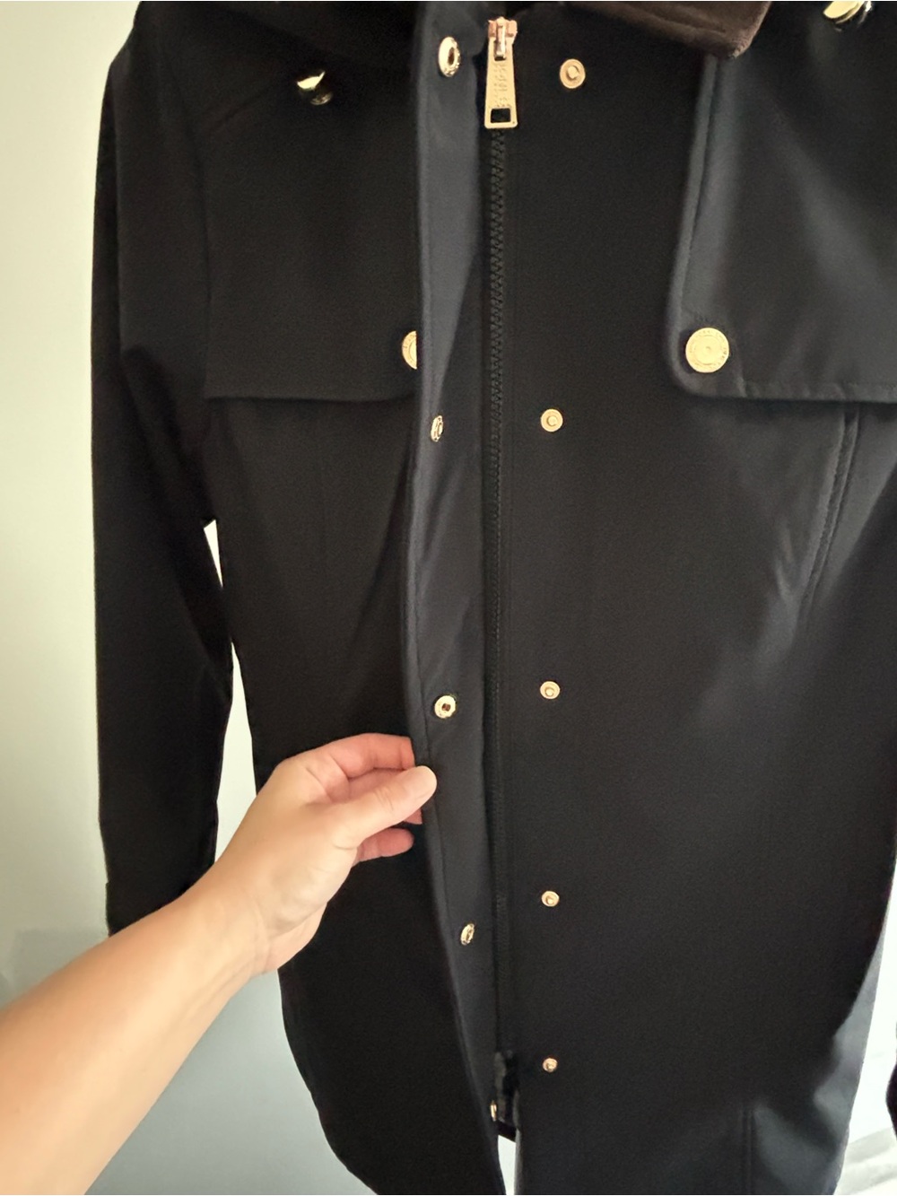 Jones New York Black Trench Coat with Brown Corduroy Collar - Picture 3 of 9